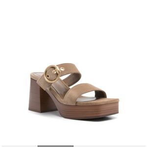 Gianvito Rossi Taupe Suede Platform Slide Sandals with double strap Gold Buckle